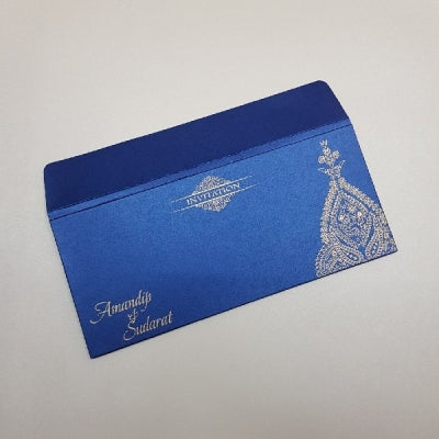 Budget Friendly Blue & Gold Indian Wedding Invites with Jeweled Decor: W-1185