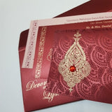 Traditional Maroon & Gold Jeweled Indian Wedding Card: W-1168