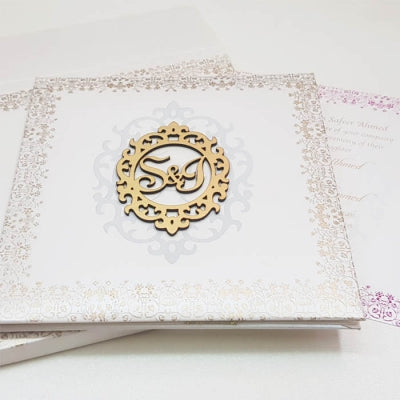 White & Gold Padded Square Indian Wedding Cards with Laser Cut Wooden Motif: T6-2028