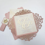 Pastel Pink Beautiful Laser Cut Invitation with Belly band and Wooden Initials : L-110