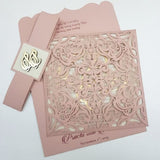 Pastel Pink Beautiful Laser Cut Invitation with Belly band and Wooden Initials : L-110
