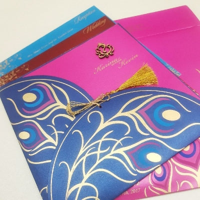 Peacock Theme Indian Wedding Invitation | Hot Pink & Gold Color: W-1206
