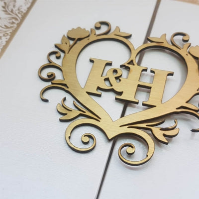 Custom Gate Fold Padded Indian Wedding Invitation with Wooden Heart Emblem: T5-281