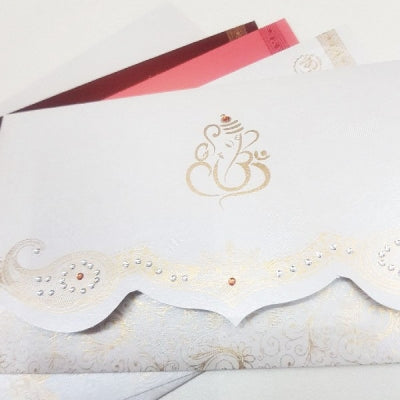 White Ganesha Hindu Wedding Invitation with Rhinestone Deco: W-1702