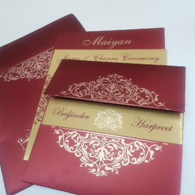 Maroon Square Invitation with Bride & Groom Name Band in Middle: W-1108