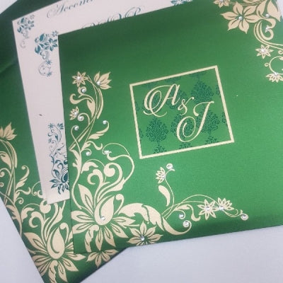 Emerald Green & Gold Square Wedding Invitation: W-1154