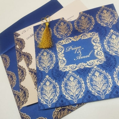 Blue Pocket Wedding Invitation with Tassel : W-1244