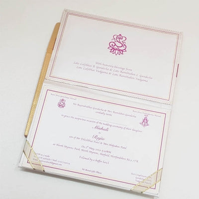 Custom Handmade Padded Invitation with Customize Hot Pink Satin Ribbon & Laser-cut Wooden Emblem: T5-282