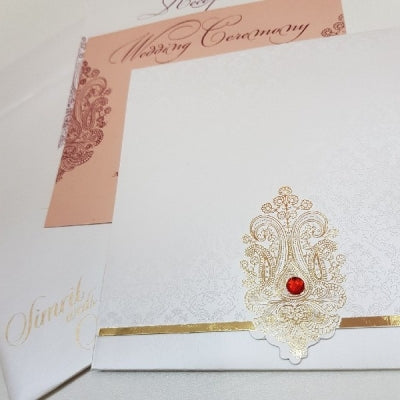 White & Gold Foil Printed Indian Wedding Card with Rhinestone: W-1729