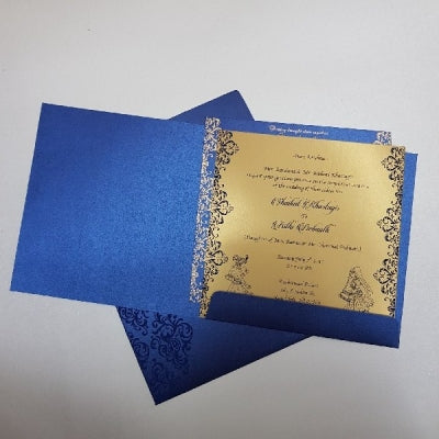 Blue Color Shimmery Finish Square Wedding Invitation: W-405