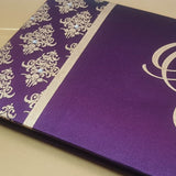 Purple Satin & Gold Color Floral Padded Indian Wedding Invite with Rhinestone Decoration: T6-537