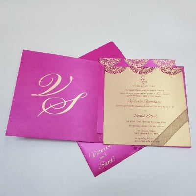 Beautifully Decorated Hot Pink Square Wedding Invitation: W-1733