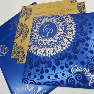 Blue & Gold Rhinestone Decorated Wedding Invite: W-1735