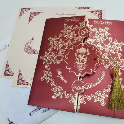 Gate Fold Budget Hindu Wedding Invitation with Tassel: W-1747