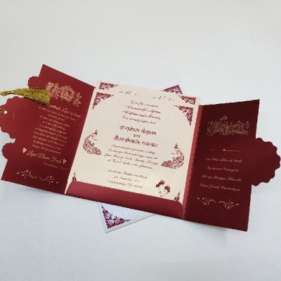 Gate Fold Budget Hindu Wedding Invitation with Tassel: W-1747