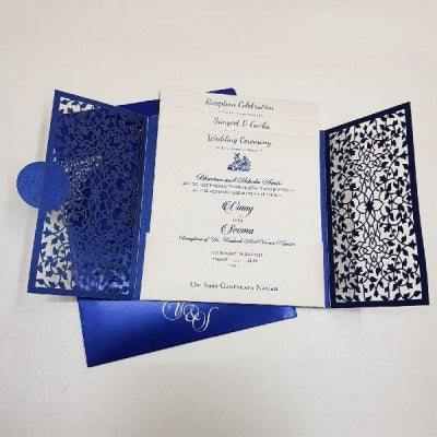 Blue & Silver Gate Fold Laser Cut Wedding Invitation: W-057