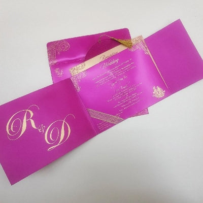 Embossed Hot Pink & Gold Peacock Theme Wedding Cards: W-1111