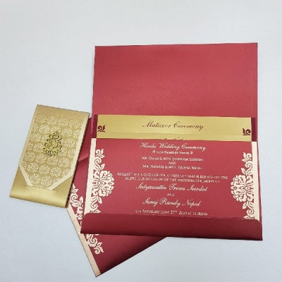 Modern Indian Wedding Invitation with Golden Belt and Laser Cut Motif: W-998