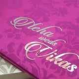 Hot Pink Satin Padded Indian Wedding Invitation with Damask Design: T6-767