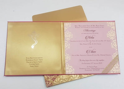 Hot Pink Satin Padded Indian Wedding Invitation with Damask Design: T6-767