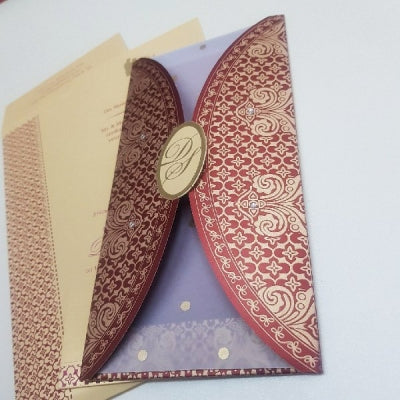 Gate Fold Maroon & Gold Invitation with Vellum Leaf and Gold Sticker: W-1112