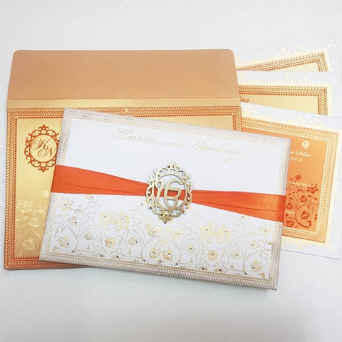 Custom Handmade Padded Invitation with Satin Ribbon & Laser-cut Wooden Emblem: T5-021