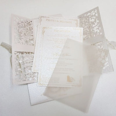 White & Gold Gate Fold Laser Cut Invitation with Ribbon: L-831