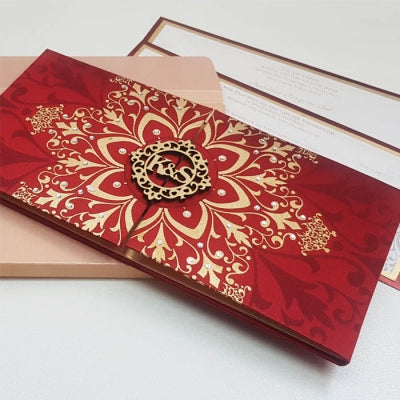 Gold & Maroon Satin Invitation with Laser Cut Wooden Motif: T5-012