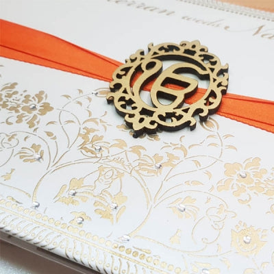 Custom Handmade Padded Invitation with Satin Ribbon & Laser-cut Wooden Emblem: T5-021