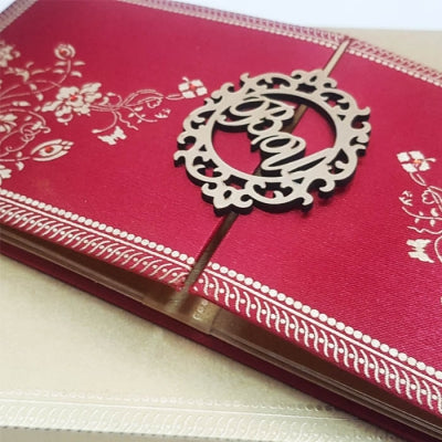 Gate Fold Hardcover Satin Invitation with Customized Laser Cut Emblem and Rhinestones: T5-003