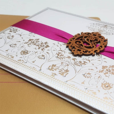 Custom Handmade Padded Invitation with Customize Hot Pink Satin Ribbon & Laser-cut Wooden Emblem: T5-282
