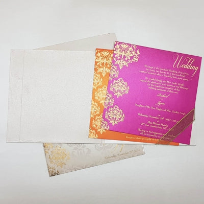 White & Gold Color Square Indian Wedding Invitation with Damask Design: W-1049