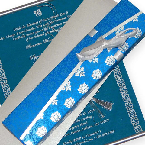 Shimmery Finish Paper Box With Velvet Fabric Blue Scroll Invite T1-521