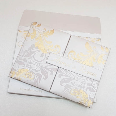 Handmade White & Gold Magnetic Gate Fold Padded Indian Wedding Invitation : T5-1146